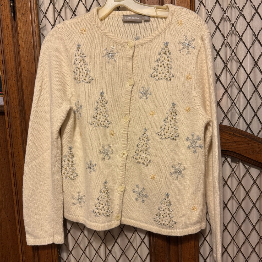 Croft & Barrow Cream Cardigan with Snowflake & Tree Embellishments
